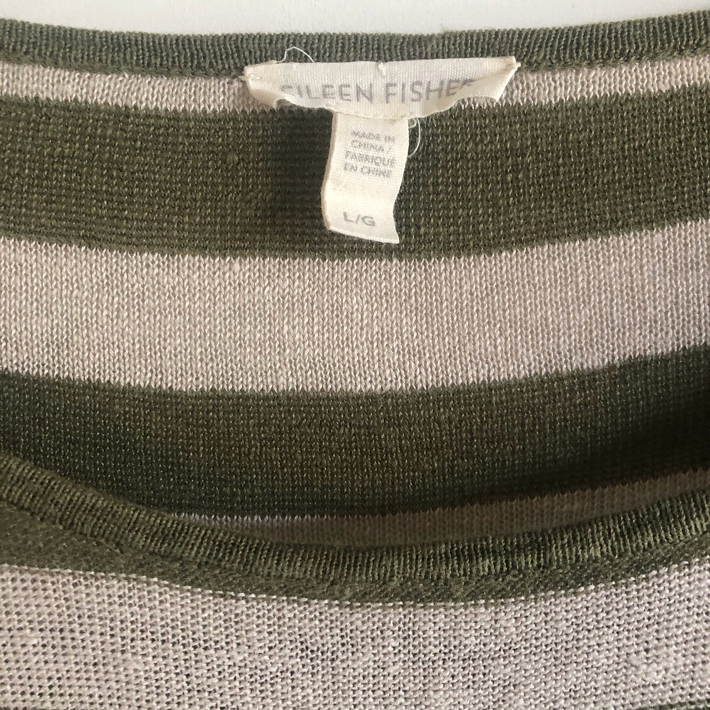 Eileen Fisher Olive Green and Cream Organic Linen Striped Lightweight Sweater - Picture 3 of 7
